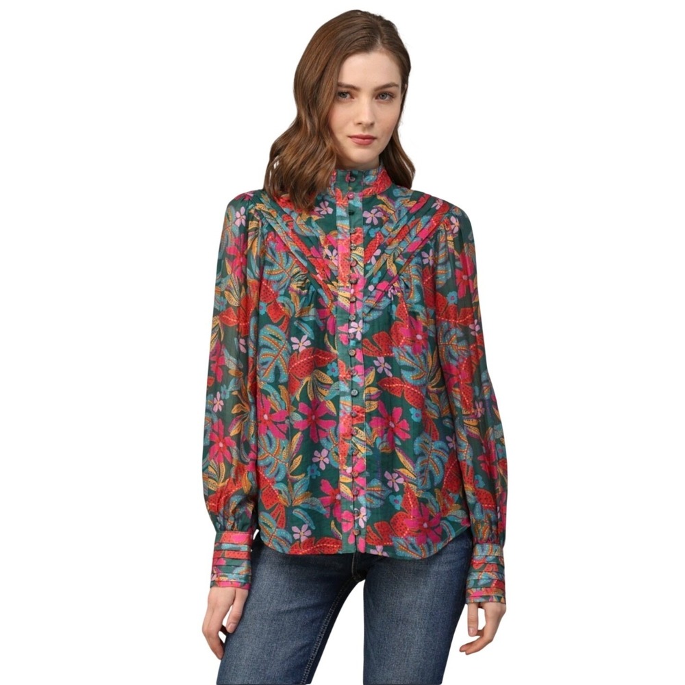 NWT Fate Tucked Yoke Details Standing Collar Blouse Women size Small Boho Artsy